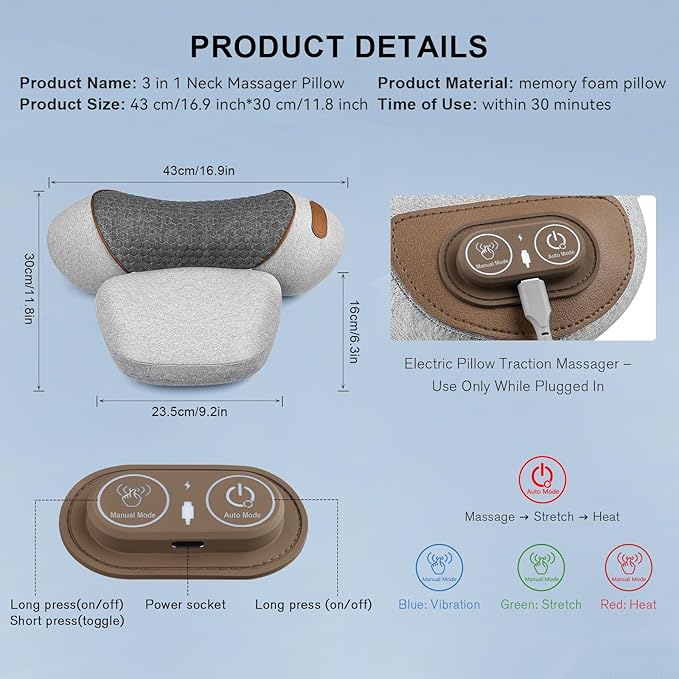 Neck Massager Pillow with Heat- Neck & Shoulder Support with Vibration & Airbag Traction for Pain Relief Deep Tissue, Cervical Hump Corrector Massage Pillow 3D Ergonomic