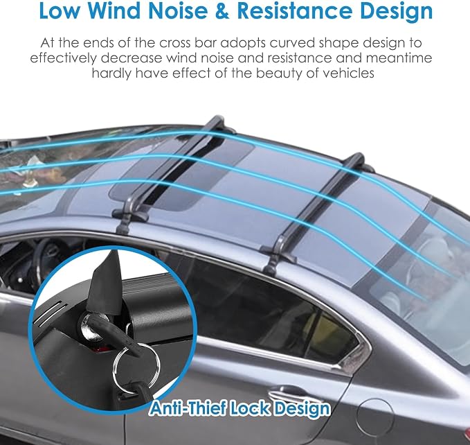 KOCASO Universal Roof Rack Cross Bars, 43" Aluminum Lockable Car Top Crossbars with Anti-Theft Lock, Adjustable Window Frame for 42.9-44.9inch Bare Roof Kayak Bike Cargo Luggage Rooftop, 165LBS Load