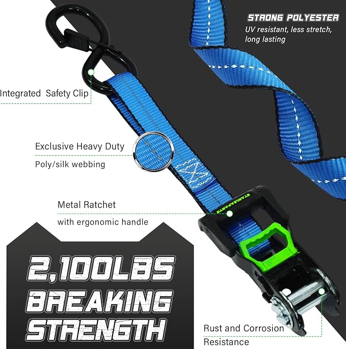 Motorcycle Tie Down Strap (4PK 1.0INX15FT) - 2,100lb Break Strength, Premium Ratchet Tie Down Straps Set, Soft Loop Ratchet Straps for Moving Appliances, Lawn Equipment, Cargo Straps for Trucks