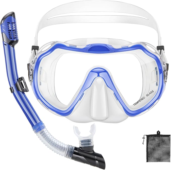 Snorkeling Gear for Adults, Adult Snorkel Set with Panoramic Anti-Leak and Anti-Fog Tempered Glass Snorkel Mask, Dry Top Snorkel, Snorkle Mask Set Adult with Mesh Bag Ear Plug for Snorkeling