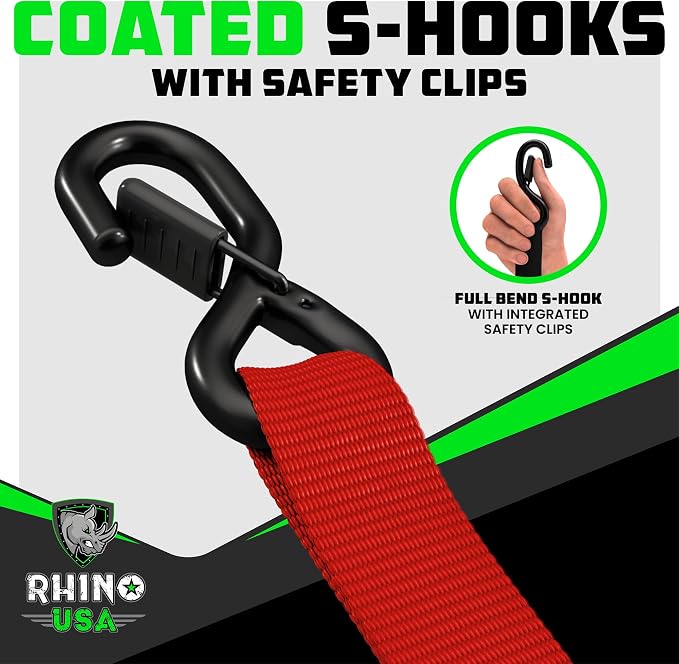 Rhino USA Ratchet Straps Heavy Duty Kit (2-Pack) - 1.6 Inch x 8 Feet Min Break Strength (5,000) - Ultimate Tie Down Straps with Safety S Hooks for Trucks, ATV, UTV, Motorcycle, Cargo & More - Red