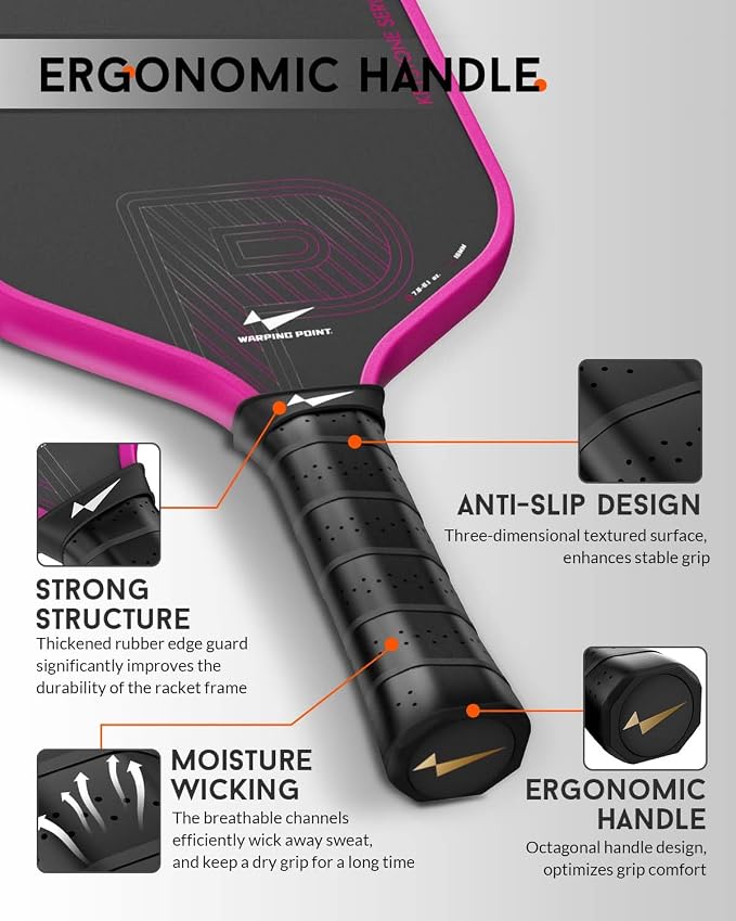 Warping Point Pickleball Paddle, Carbon Fiber Paddle with Endura Friction Surface, Polymer Honeycomb Core, Design for Ultimate Spin & Power, Large Sweet Spot & Contro, USAP Approved