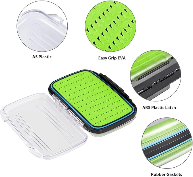 Gonex Fly Boxes for Fly Fishing Jig Boxes Two-Sided Waterproof Lightweight Fly Fishing Box Easy Grip Transparent Lid Fly Fishing Lures Box Sizes A+B+C, Green