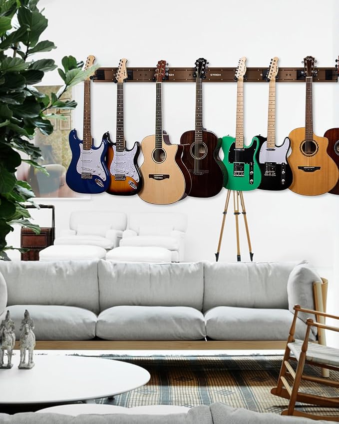 STRICH Guitar Wall Mount Hangers for Multiple Guitars, Holds 8 Guitars, Walnut Wood Grain, Strong Aluminum Metal Guitar Stand Rack Bass Holder, Adjustable Instruments Display Set, SMH-08W