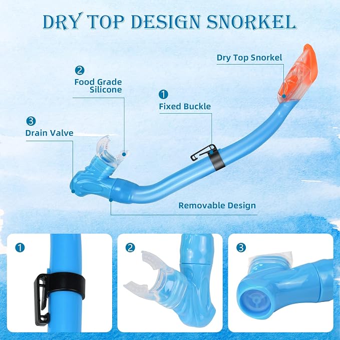 Kids Snorkeling Set - Adjustable Flippers + Panoramic Snorkel Mask + Dry Snorkel Tube + Travel Bags - Suitable for Kids & Juniors, Age 5-14
