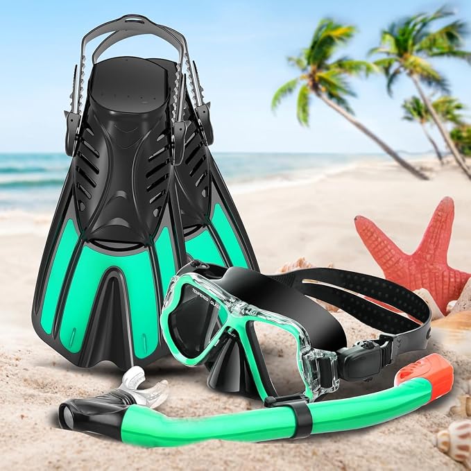 Snorkeling Gear for Kids, 4 in 1 Child Mask Fins Snorkel Set with Panoramic View Anti Fog Mask, Dry Top Snorkel, Trek Fins and Travel Bag, Kids Snorkeling Set with Fins for Snorkeling Swimming