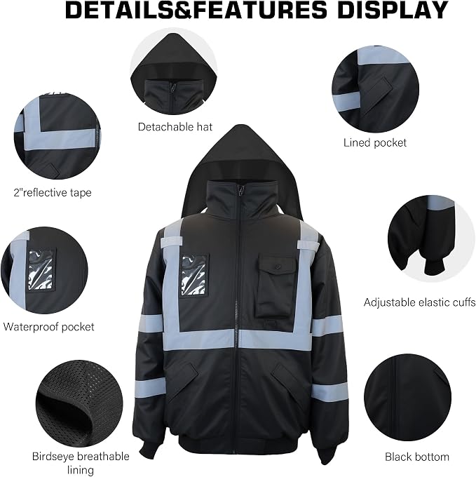 PAFESTER High Visibility Reflective Safety Jackets for men 300D Oxford 100% Waterproof Thermal Rain Coats for Cold Weather