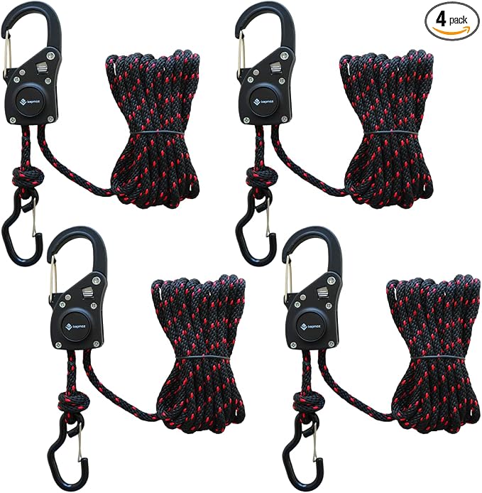 Adjustable Heavy Duty Ratchet Rope Hangers with Metal Hooks – Durable Ratchet Tie Down Straps for Grow Tent, LED Lights, Fans, Filters & Cargo Gear 4 Pack