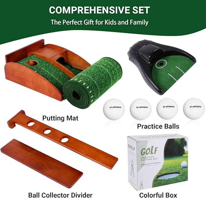 Portable Golf Putting Mat with Auto Ball Return - Practice Putting Green Training Mat for Indoor and Outdoor, Home, Backyard, Office - Golf Gifts for Party Game
