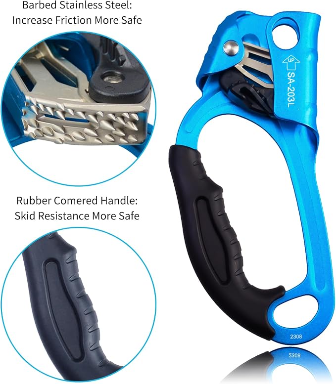 UIAA & CE Certified Climbing Rappelling Equip Hand Ascender Left Right Hand for 8-13mm Rope 4kN