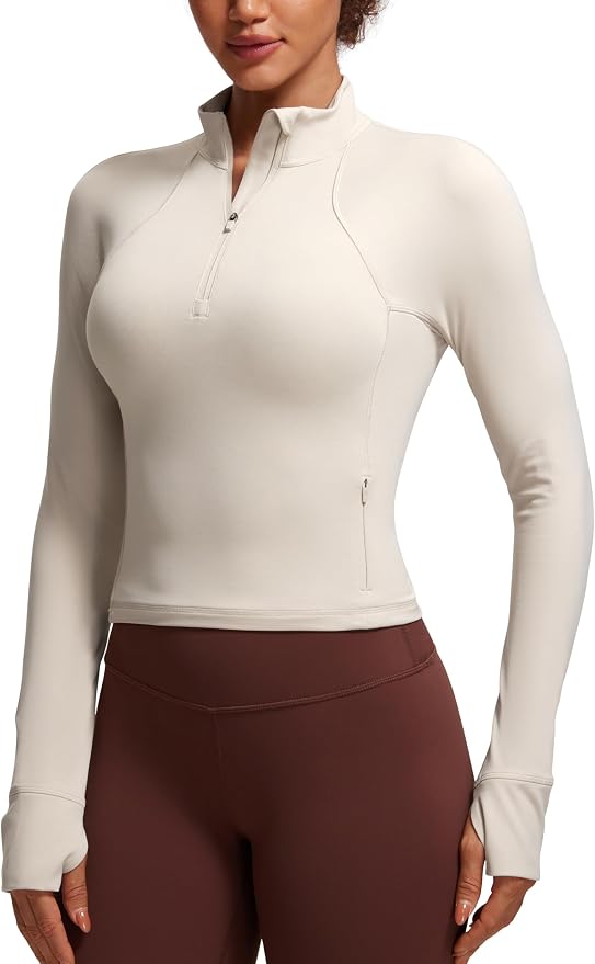 CRZ YOGA Butterluxe Half Zip Long Sleeve Shirts for Women - Workout Athletic Yoga Tops Crop Collared Quarter Zipper T-Shirt