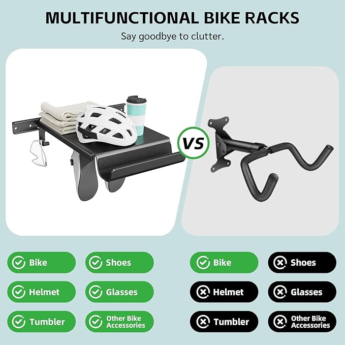 Bike Wall Mount Rack Indoor Bike Storage Garage Bike Rack Wall Mount with Shelf and Hooks Store Your Helmet and Shoes for a Single Road, Mountain or Other Bicycle (Universal Bicycle,16" Stud)