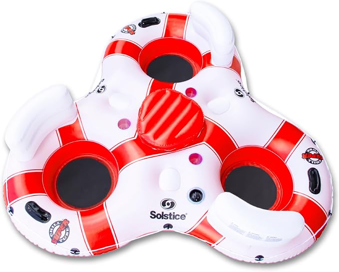 SOLSTICE Inflatable Tube Float – Heavy-Duty Material with Grab Handles for Pool, Lake & River – Compact with Backrest, Mesh Base, Cupholders & Rope – 3-Person, White & Red, 81" – Super Chill