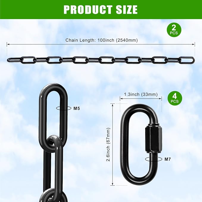 BeneLabel 2Pcs 100" (8.3ft) Swing Chain with Hooks 1000 LBs Capacity Black Coated Hanging Chains Porch Swing Chains for Hammock Chairs, Hanging Chair, Swingset, Heavy Bags