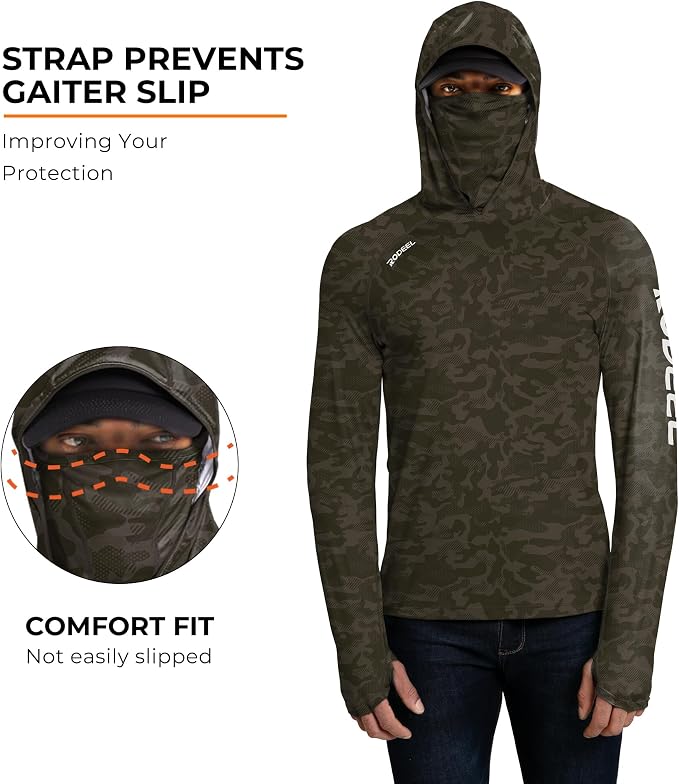 Rodeel Men's UPF 50+ Performance Fishing Hoodie, Long Sleeve Sun Protection Athletic Quick-Dry Breathable T-Shirt