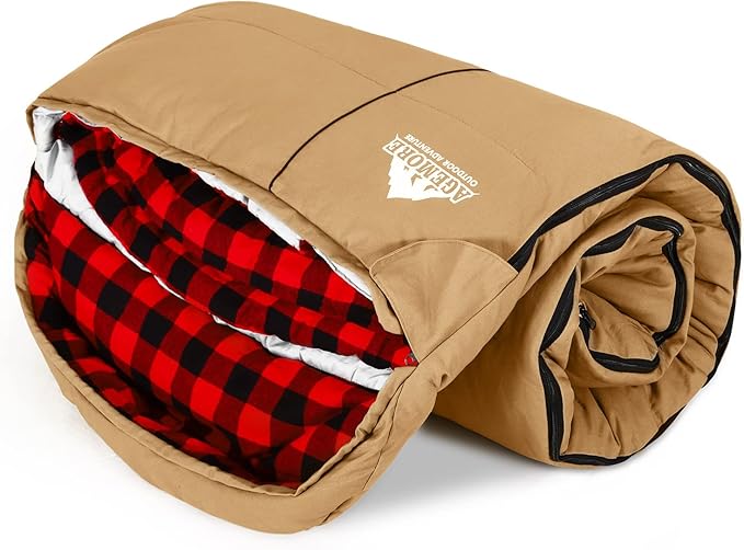 0 Degree Canvas Sleeping Bag for Adults, Cotton Flannel Sleeping Bag for Winter Camping, Fishing, Hunting or Traveling, Durable Cotton Canvas Shell and Removable Flannel Liner