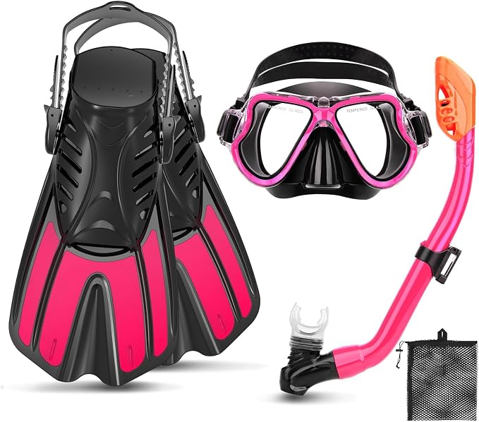 Snorkeling Gear for Kids, 4 in 1 Child Mask Fins Snorkel Set with Panoramic View Anti Fog Mask, Dry Top Snorkel, Trek Fins and Travel Bag, Kids Snorkeling Set with Fins for Snorkeling Swimming