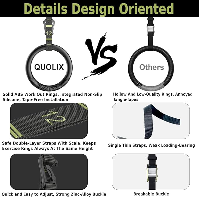 QUOLIX Gymnastic Rings with Adjustable Straps, Non-Slip Pull Up Rings with Straps, 1300lbs Exercise Rings with Straps for Home, Gymnastics Rings for Home Gym, Workout, Exercise, Training, Calisthenic