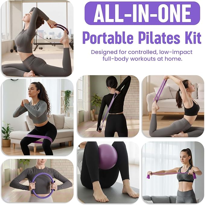 Pilates Kit for Women – 16 Pcs Home Pilates Equipment Set with Magic Circle Ring, Ball, 5 Resistance Bands, Yoga Strap, Ankle Weights, Grip Socks & More | Pilates Starter Kit
