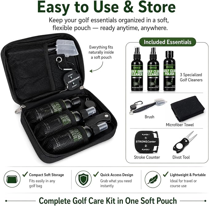 Golf Club Care Kit - Clean and Polish Irons, Drivers, Putters - Reduce Scratches, Scuffs, and Rust - Portable Golf Cleaning Kit with Grip Cleaner, Irons Remover, Club Scrub, and Brush for Golf Bag