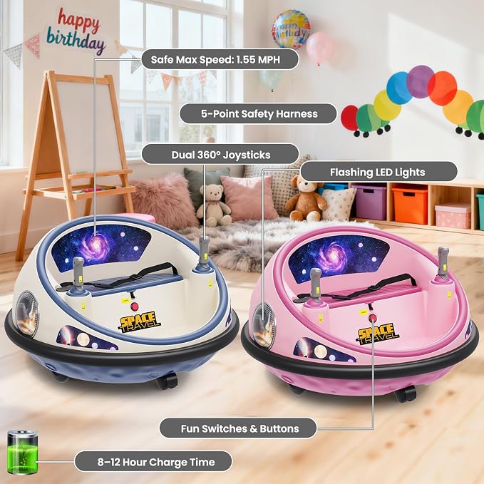 Electric Bumper Car with Remote Control, 360°Spinning Ride-on Vehicle, Rechargeable Indoor Outdoor Kid Car with LED Lights & Soft Bumper–Fun Gift (White)