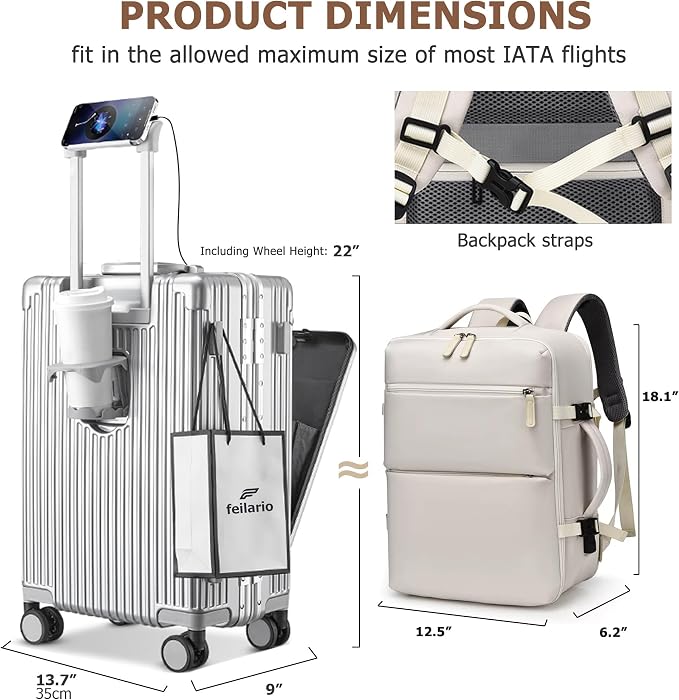 feilario 2 Piece Set Aluminium Frame PC Hard Shell Spinner Wheels Luggage,20.8"X15"X8.7 Airline Approved Built-In TSA lock Carry on Suitcase, with Cup Holder, USB Port, Phone Holder