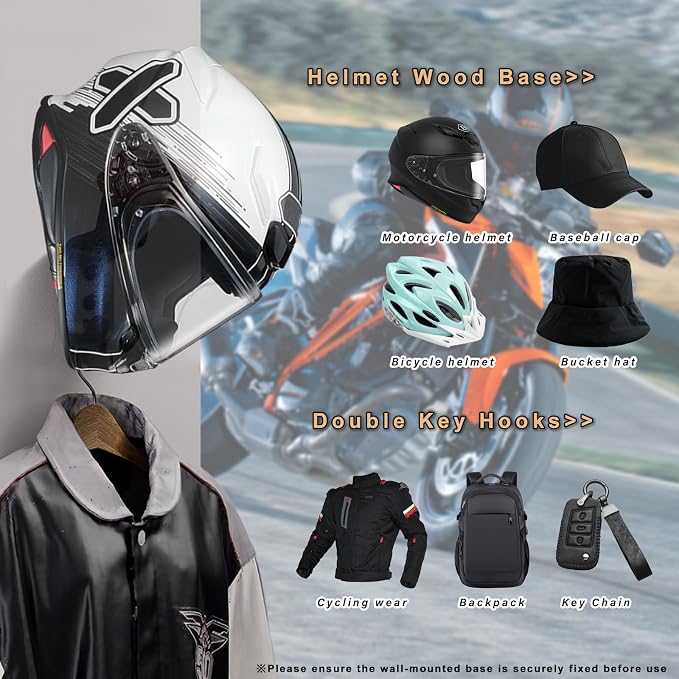 Motorcycle Helmet Holder Wall Mount - Heavy Duty Helmet Hanger Rack with 2 Key Hooks, Solid Wood & Strong Steel Design for Bike, Football, Skiing Sports Gear, Jackets & Hats (3)