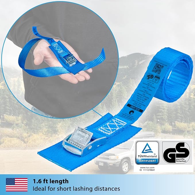 valonic Iceland - Short tie Down Straps - 4 Pack, 1.6 ft x 1 inch, 1100 lbs, TÜV Rheinl. Certified, Protection pad, cam Buckle - for Bicycle, roof Rack, Luggage, Motorcycle