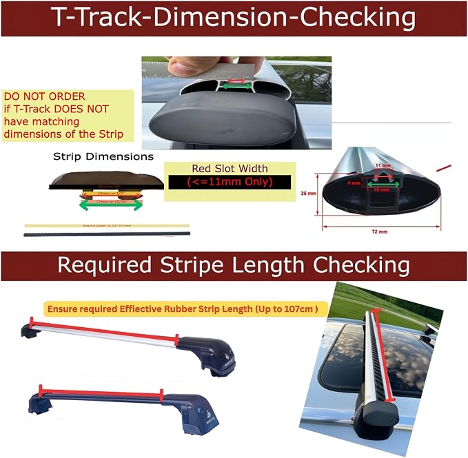 ROKIOTOEX Roof Rack Crossbars Noise Reduction Rubber Strips - Only Fits T-Slot top Width 10~11 mm - 2 Black Striped Strips |107cm or 42" Length - Cross Bar Wind-Noise Reduction Sealing Replacement