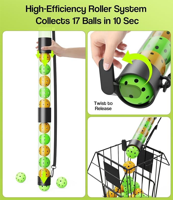 17 Balls Pickleball Ball Retriever & Holder with Strap – Adjustable Height Ball Collector, Back Saver for Adults, Kids & Wheelchair Users – Lightweight, Portable, Eco-Friendly (Green)