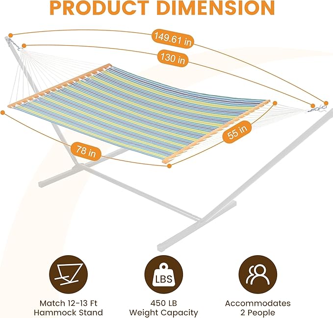 Lazy Daze Hammocks Quick Dry Hammock with Spreader Bar Textliene Fabric Double 2 Person Hammock with Chains Outdoor Patio Poolside Backyard Beach 450 lbs Capacity, Blue Green Stripes