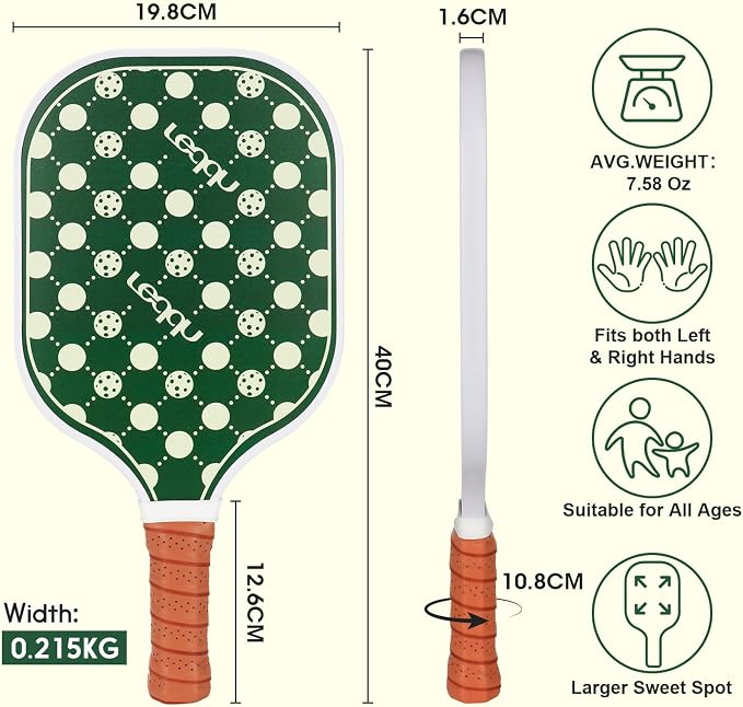 Fiberglass Pickleball Paddles Set of 2, Lightweight Pickle Ball Rackets Kit with Honeycomb Core Control Durable, 4 Outdoor Indoor Balls and Carrying Bag for Men Women