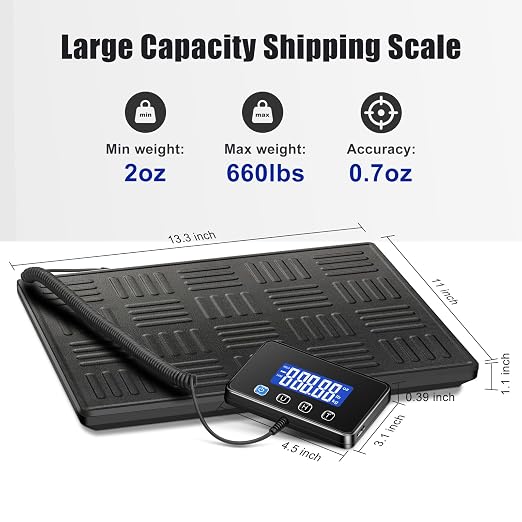 KUAIVO Shipping Scale, 660lbs Heavy Duty Digital Luggage Scale for Packages, 0.35oz High Accurate Postage Scale for Small Business, Warehouse, Home Use, Battery & Charging Cable Include