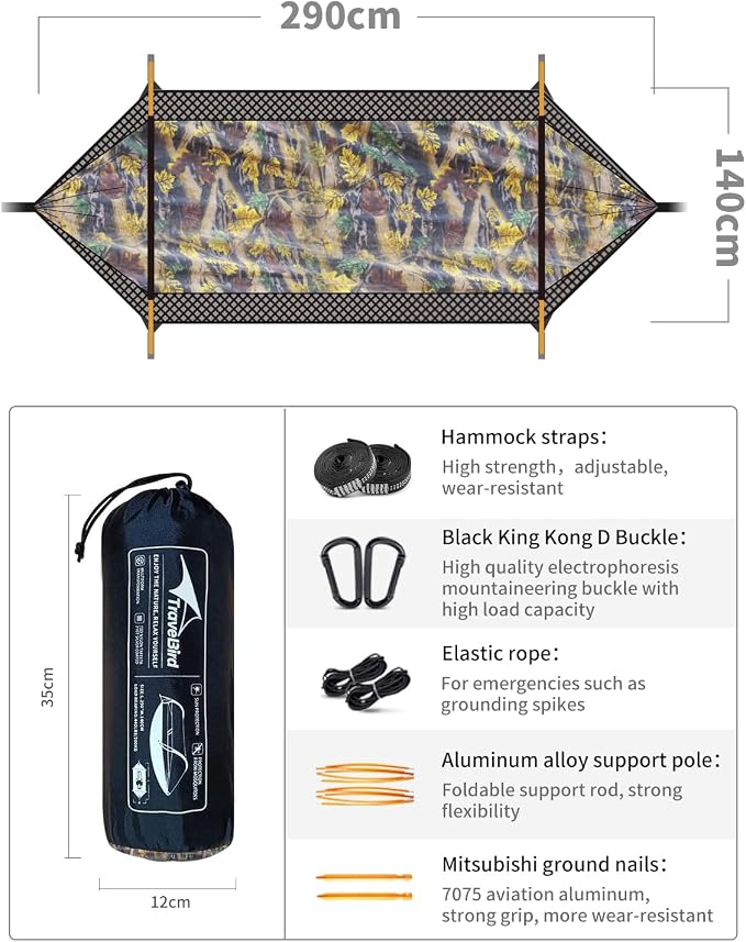 Camping Hammock Tent with Mosquito Net and Sunshade, Extra Large for 2 Person, Lightweight Hanging Hammocks Tree Straps, Bivvy Ground Tent for Outside, Hiking, and Travel