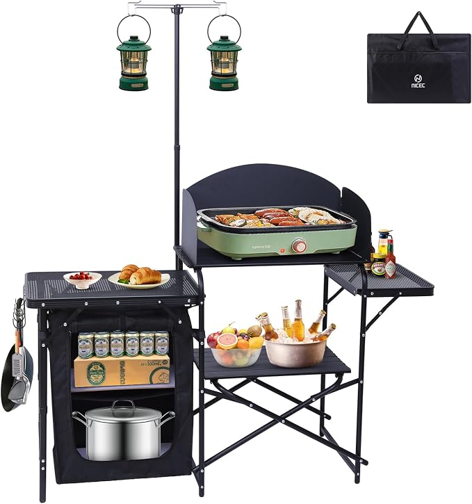 Nice C Camping Kitchen Station, Picnic Portable Grill Table, Folding Cook Station Organizers, with Upgrade Light Stand, Windshield, Carry Bag for Outdoor, Beach, Picnic (Black)
