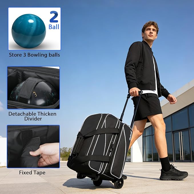 Goloni 3 Ball Bowling Bag with Wheels, 2+1 Double Roller Bowling Bag with Shoe Compartment,Tote Bag for Bowling Accessories