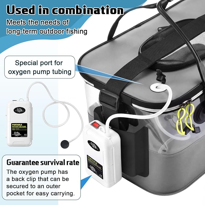 3 Pcs Fishing Bucket, Live Bait Aerator and Fishing Cast Net with Heavy Duty Sinker Foldable Live Bait Bucket Portable Quiet Aerator Fish Transport Container Outdoor EVA Bag