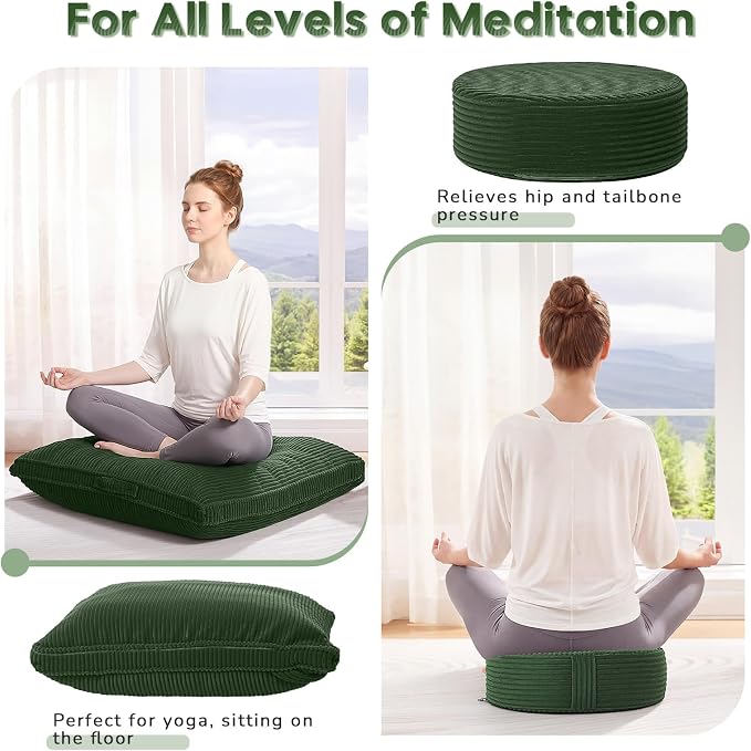 Meditation Cushion Set 32in, Large Round Zafu Floor Pillow for Adults, Soft Meditation Pillow Yoga, Zabuton Prayer Pad Set to Mindfulness, Yoga, Removable Corduroy Cover, Green