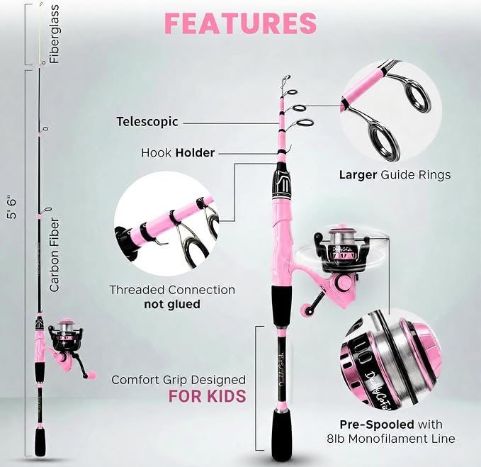 DaddyGoFish Spinning Fishing Rod and Reel Combo Set with Tackle Box | Kids Fishing Pole | Carbon Fiber Telescopic Fishing Rod Kit | Spinning Reel for Travel Saltwater Freshwater Fishing Gear Kit