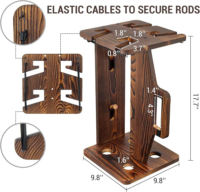 MyGift Rustic Dark Burnt Solid Wood Portable Fishing Rod Rack — Carry & Display Fishing Pole Storage Holder, Wall-Mounted or Freestanding Organizer for Rods & Reels