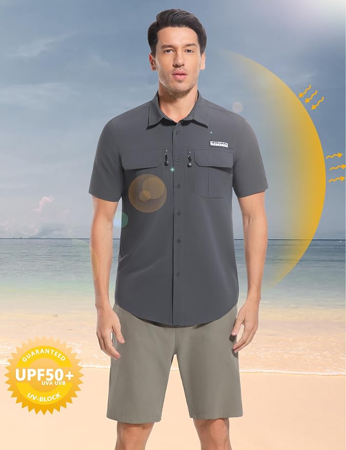 Men's Outdoor Sun Protection Shirts Short Sleeve Quick Dry Lightweight Breathable UPF50 Hiking Fishing Travel Camping