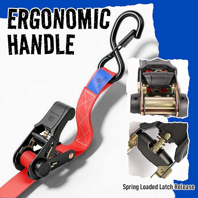 Ratchet Straps 4 Pack - 1,826 Lbs Break Strength 1 in x 15 Ft Medium Duty Ratchet Tie Down Straps with S Hooks Set for Truck, Cargo Van, Trailer, Motorcycle (Red)