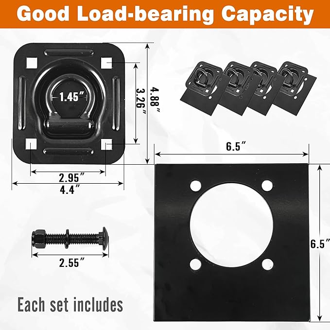 Recessed D Ring Tie Down Anchors 4 Pack (6,000 Lbs), Heavy Duty Trailer Floor Tie Downs and Anchor Points for Securing Cargo, Equipment, ATV, UTV, Truck – Black