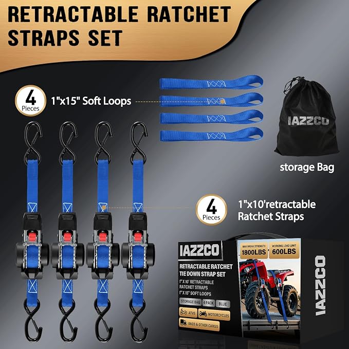 10FT Retractable Ratchet Straps(4-Pack) - 1 Inch (1800 LB Break Strength) Heavy Duty Self Retracting Ratchet Straps with Soft Loops & Storage Bag for Household, Motorcycle, Truck, ATV(Blue)