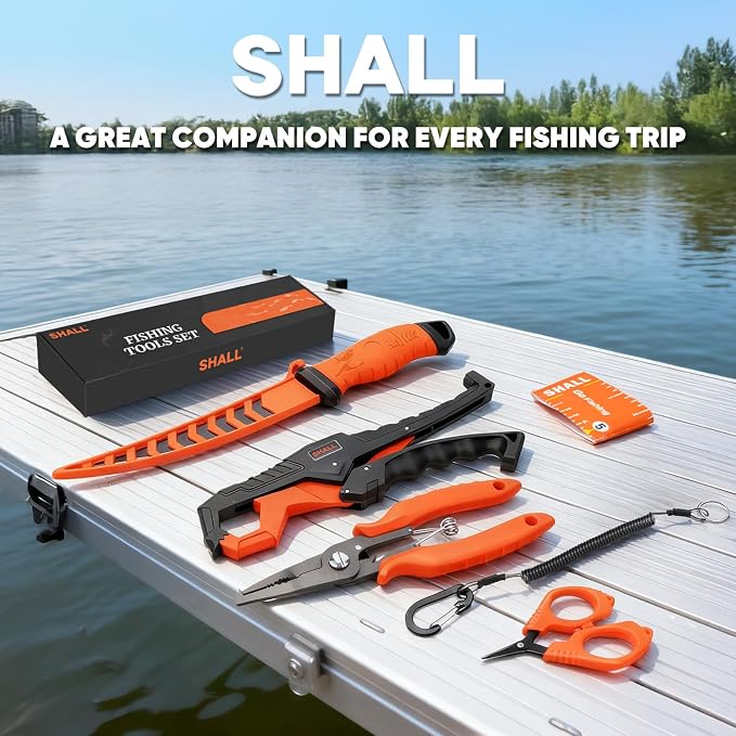 SHALL Fishing Tool Kit, Corrosion Resistant Fishing Gear and Equipment - Fishing Pliers, Fillet Knife, Fishing Scissors, Fish Lip Gripper, Fishing Ruler, Lanyard - Premium Fishing Tools for Men Women