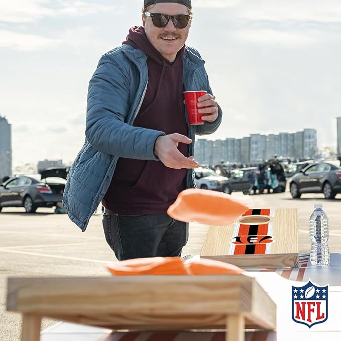 NFL Football Portable Size 1' x 2' Solid Wood Cornhole Set with Direct Print HD Team Graphics – Travel Size