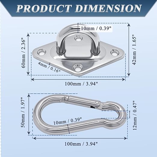 OHIYO 2PCS M10 Stainless Steel Pad Eye Hooks+2PCS M10 Snap Hooks, Heavy Duty Hammock for Hanging, 1300lbs Capacity for Swing Set, Plant Hanger, Outdoor Lights