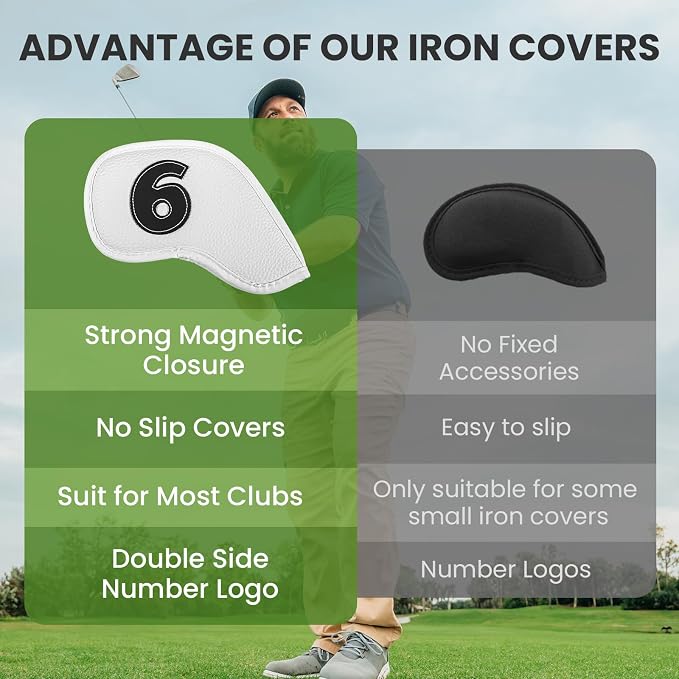 Golf Iron Covers Set Strong Magnetic Closure Value 10 Pack, Double Side Number Synthetic Leather Deluxe Club Headcover, Universal Head Cover Fit Main Irons Clubs for Women Men