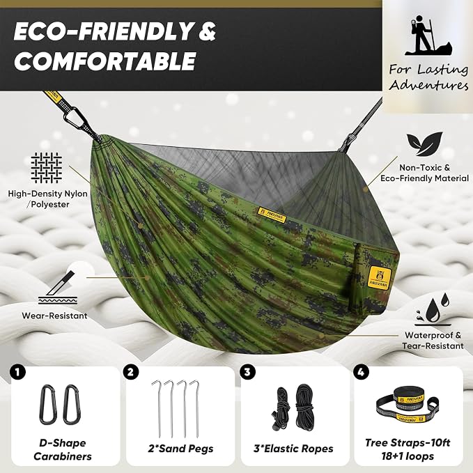 Camping Hammock with Mosquito Net, 500 lbs Portable Hammock with Tree Straps, 2-in-1 Double/Single Travel Hammock Tent for Outside/Indoor/Backpacking/Beach - Plaid Camouflage