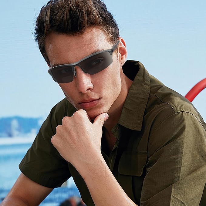 SKYOAK Sports Bifocal Reading Sunglasses Men Wrap Around UV 400 Protection Aluminum Frame Glasses Spring Hinge Semi Rimless Sun Readers Built In Driving/Running/Fishing Gunmetal, 3.0